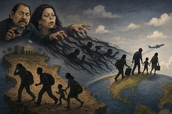 Caricatura de Daniel Ortega y Rosario Murillo proyectando sombras sobre personas con maletas que caminan hacia un globo terrestre.