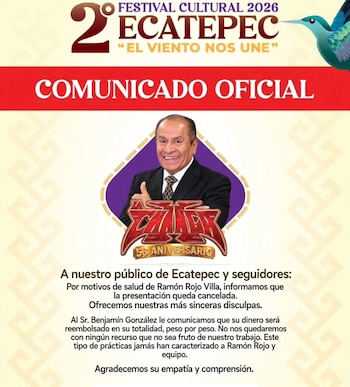 Cartel con el retrato de Ramón Rojo Villa, el logotipo de La Changa y un texto sobre la cancelación de un espectáculo en Ecatepec