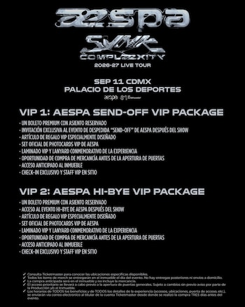Un cartel promocional negro con texto blanco detalla los paquetes VIP para el concierto 'SYNK: HYPER LINE' de aespa el 11 de septiembre en el Palacio de los Deportes
