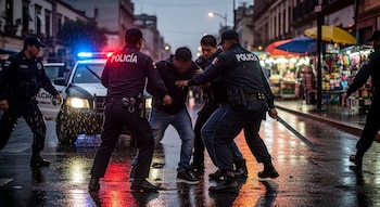 Cinco policías detienen a un hombre en una calle mojada con lluvia; un agente sostiene un machete y un coche de policía con luces intermitentes está detrás.