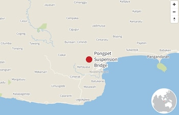 Mapa geográfico con un punto rojo que marca el puente colgante Pongpet, rodeado de nombres de localidades y una costa azul