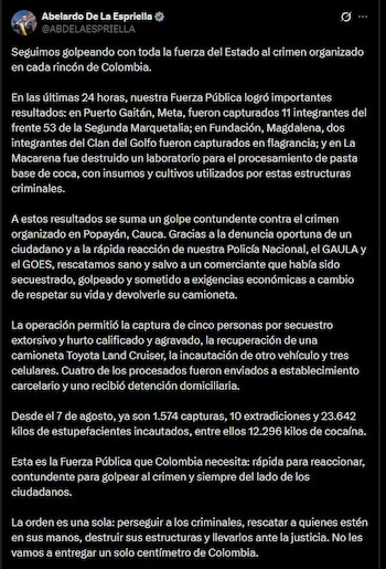 El presidente Abelardo De La Espriella afirmó que el Estado mantendrá la ofensiva contra el crimen organizado - crédito @ABDELAESPRIELLA / X