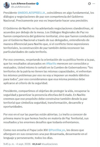 El gobernador de Nariño Luis Alfonso Escobar compartió la respuesta al presidente De la Espriella la noche del viernes 4 de septiembre vía X - crédito @LuisAlfonsoEsc/X