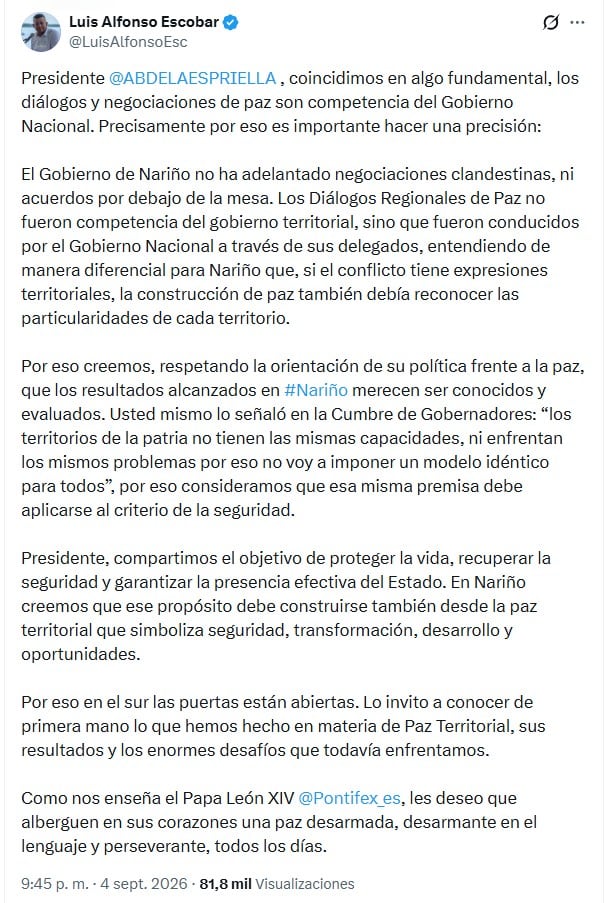 El gobernador de Nariño Luis Alfonso Escobar compartió la respuesta al presidente De la Espriella la noche del viernes 4 de septiembre vía X - crédito @LuisAlfonsoEsc/X