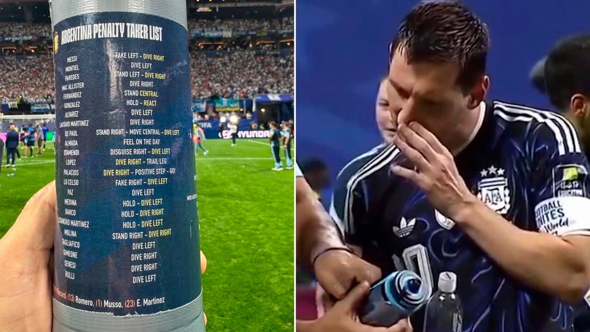 Lionel Messi examina una botella con la lista de pateadores de penales de Argentina, hallada por los jugadores durante un partido de fútbol.