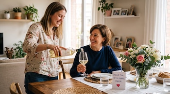 Una mujer de pie sirve vino blanco a otra sentada a la mesa, donde hay vajilla, un florero y una tarjeta de felicitación.