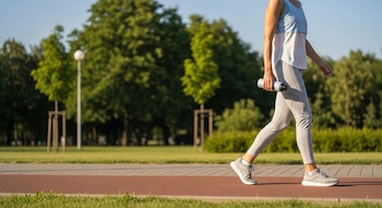 Una persona camina por una senda en un parque, con camiseta deportiva bicolor y pantalones grises, sosteniendo una botella de agua. Hay árboles y cielo azul.