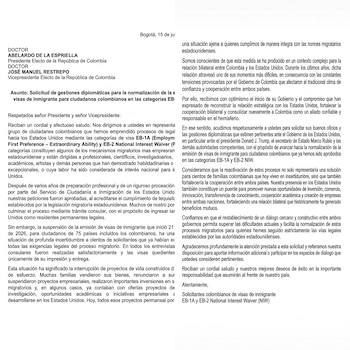 Documento escrito en español con membrete de Bogotá, 15 de julio, dirigido a Abelardo de la Espriella y José Manuel Restrepo sobre visas de inmigrante.
