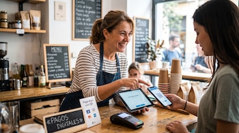 Una comerciante tras un mostrador señala una tableta mientras una cliente sostiene un teléfono con un código QR frente a un lector.