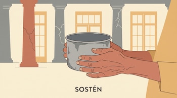 Ilustración de dos manos que sostienen una olla metálica frente a columnas con grietas, ventanas y el texto «SOSTÉN» en la base.
