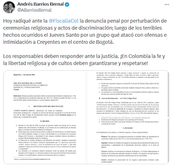 Concejal Andrés Barrios denunció discriminación religiosa ante la Fiscalía - crédito @ABarriosBernal/X