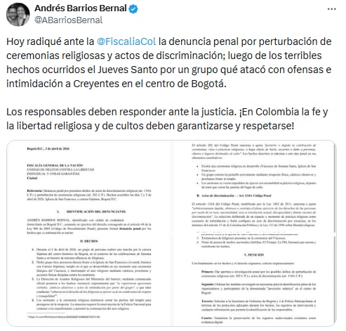 Concejal Andrés Barrios denunció discriminación religiosa ante la Fiscalía - crédito @ABarriosBernal/X