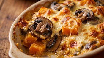 Cubos de calabaza y rodajas de hongos cubiertos por queso fundido y dorado en una fuente ovalada sobre una mesa de madera.