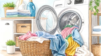 Ilustración de una lavadora abierta, un cesto de mimbre con ropa, varios recipientes de detergente y toallas dobladas.
