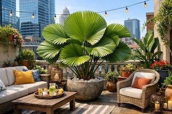 Una terraza urbana decorada con una gran planta de palma abanico en una maceta, un sofá, un sillón, una mesa de café y luces de cadena sobre un fondo de edificios altos.