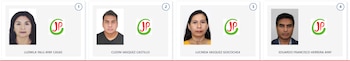 Cuatro retratos tipo pasaporte de frente de dos mujeres y dos hombres, con el logo "JP" en un círculo verde y sus nombres completos, sobre fondo blanco