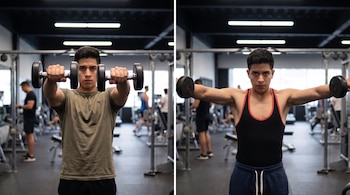 Hombre joven en gimnasio realiza elevación frontal de mancuernas. Hombre joven en gimnasio realiza elevación lateral de mancuernas.