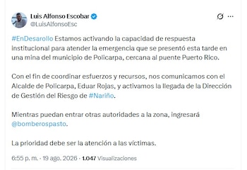 En el operativo participaron Bomberos Pasto, Bomberos Policarpa y Bomberos Taminango, con apoyo de organismos de socorro y de la Defensa Civil - crédito @LuisAlfonsoEsc/X
