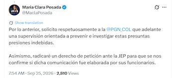 La senadora pidió a la Procuraduría General de la Nación investigar presuntas presiones denunciadas - crédito @MaclaPosada/X
