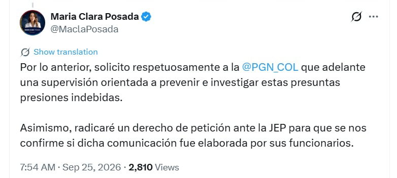 La senadora pidió a la Procuraduría General de la Nación investigar presuntas presiones denunciadas - crédito @MaclaPosada/X