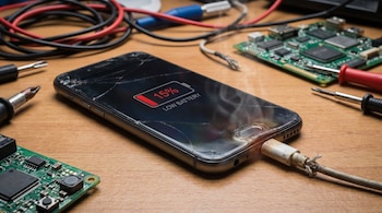 Smartphone negro con pantalla rota y 15% de batería baja. Humo del puerto de carga conectado a un cable dañado, sobre mesa con circuitos electrónicos y herramientas.