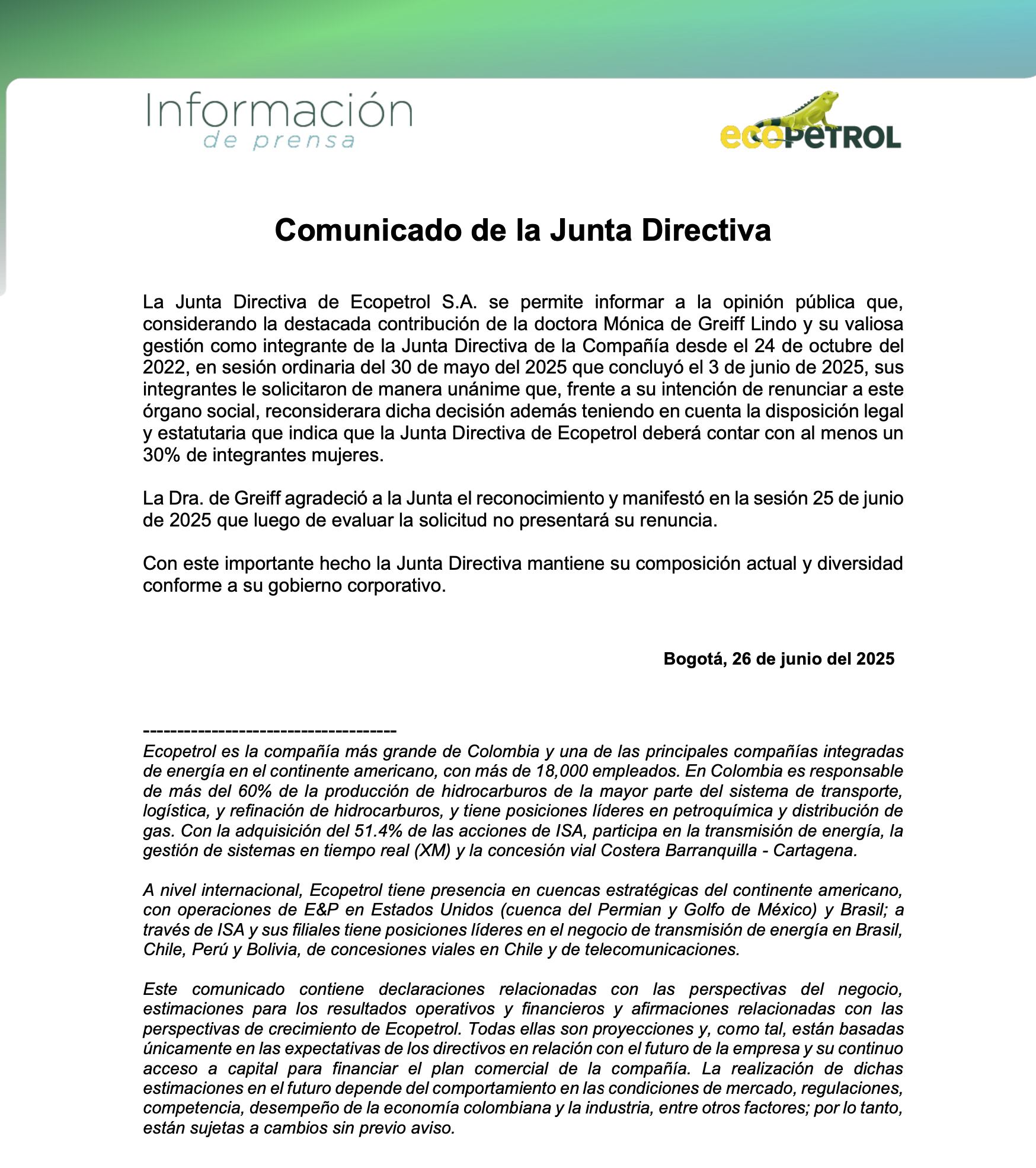 Comunicado oficial de Ecopetrol del 25 de junio de 2025, en el que Mónica de Greiff anuncia que permanecerá en la junta directiva de la compañía - crédito Ecopetrol