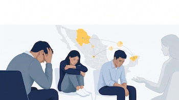 Ilustración de tres personas sentadas y aconsejadas por una cuarta, sobre un mapa de México con tres estados resaltados en amarillo.