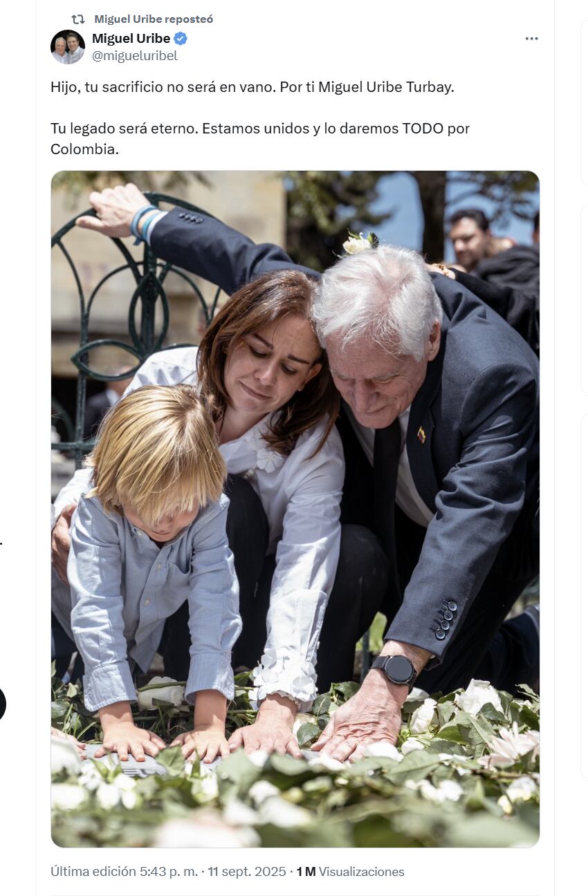 El precandidato Miguel Uribe Londoño compartió foto del entierro de su hijo, Miguel Uribe Turbay, al cumplirse un mes de su fallecimiento - crédito @migueluribel/X
