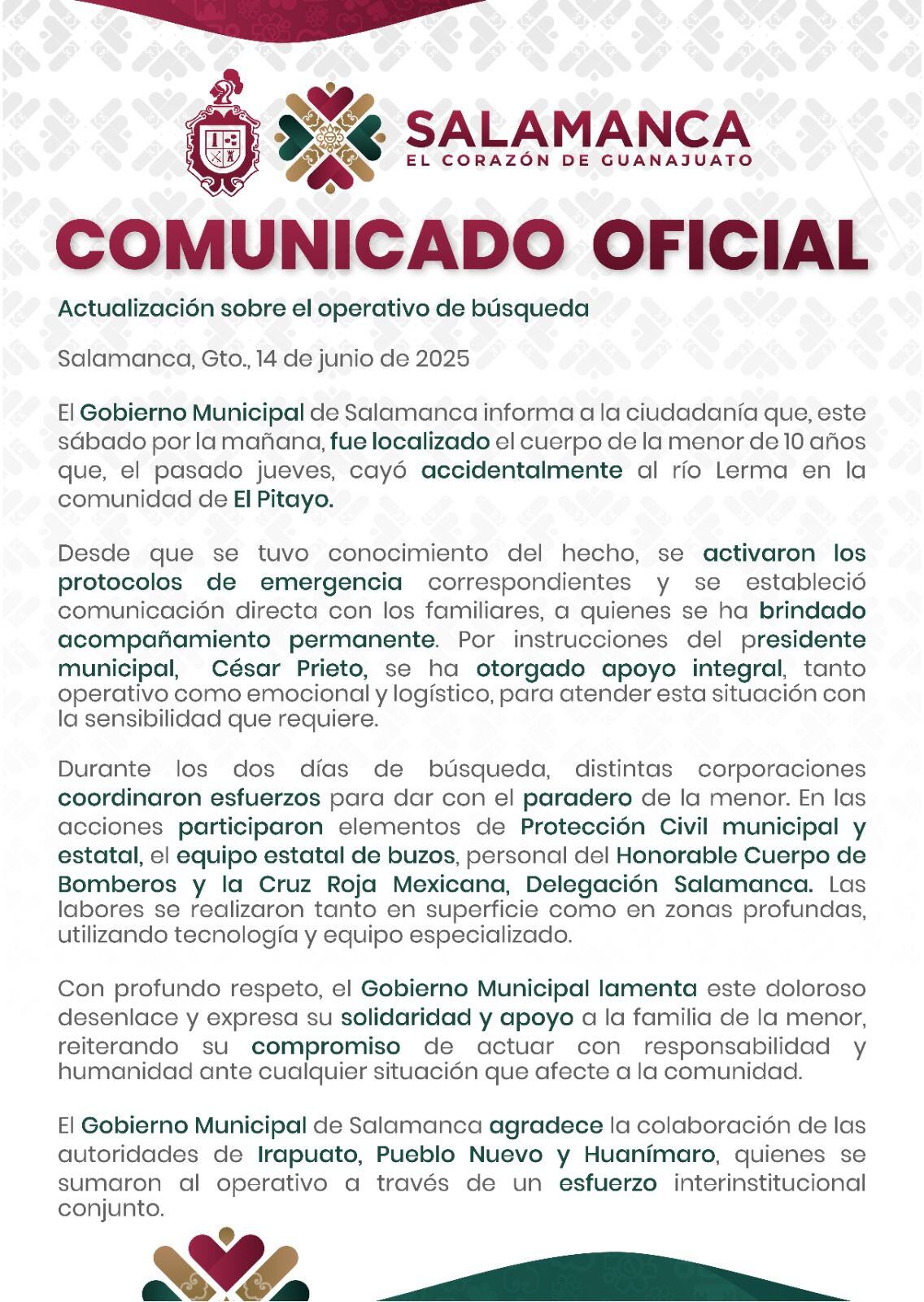 Comunicado del gobierno municipal de Salamanca, sobre el caso de Dulce Victoria. Foto: https://www.facebook.com/GobSalamanca
