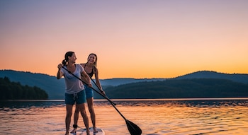 Dos mujeres sonríen mientras reman de pie en una tabla de paddleboard sobre un lago tranquilo al atardecer, con colinas arboladas en el horizonte.