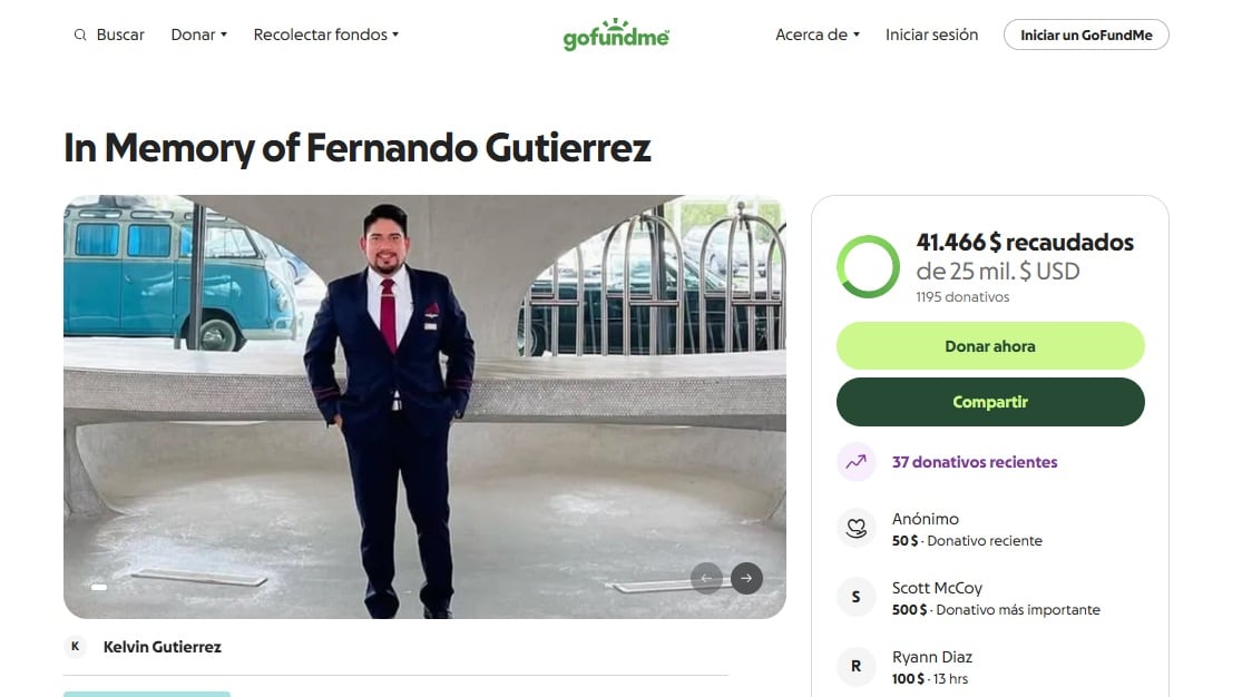La cifra que se recolectaba por parte de los familiares de Gutiérrez Molina se logró reunir en pocos días - crédito captura de pantalla GoFundMe