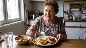 Una mujer mayor sentada a la mesa con un plato de arroz, papas y pollo, un tazón de guiso y un vaso de agua.