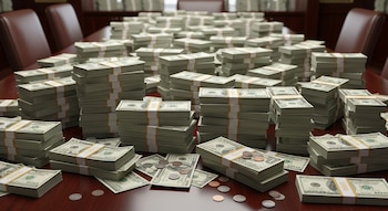 Numerosas pilas de billetes de cien dólares estadounidenses, atados en fajos, cubren una gran mesa de madera, con algunos billetes sueltos y monedas esparcidos.