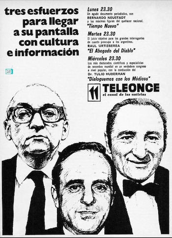 Tres retratos de hombres en blanco y negro, texto publicitario con nombres de presentadores y programas, logotipos de Teleonce y TVAR Gráfica