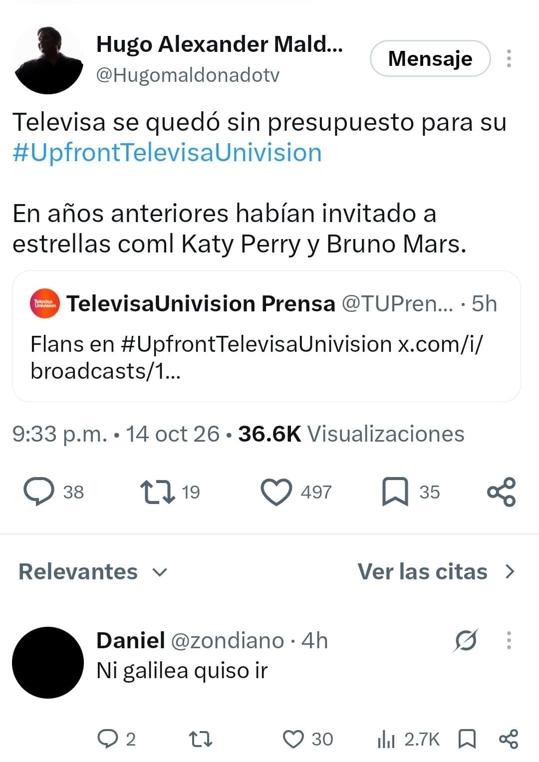 El periodista Hugo Alexander insinuó una reducción de presupuesto de parte de Televisa para el Upfront. (X)