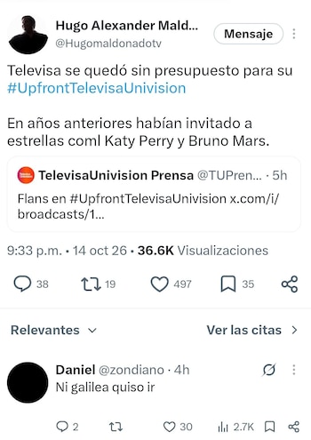 El periodista Hugo Alexander insinuó una reducción de presupuesto de parte de Televisa para el Upfront.