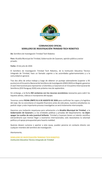 Este fue el comunicado emitido por el Semillero de Investigación Trinidad Tech Robotics - crédito Semillero de Investigación Trinidad Tech Robotics