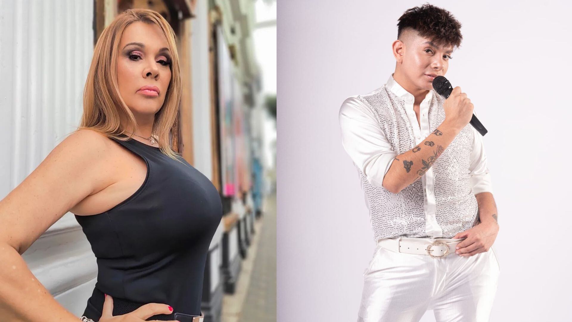 Susan León, con un vestido negro, y Bryan Arámbulo, con un conjunto blanco, ilustran el conflicto entre ambos por un show que el cantante presuntamente incumplió y la retención de S/ 4 mil.