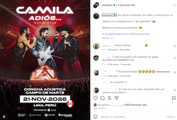 Cartel promocional del "Camila Adiós... World Tour" con tres hombres en un escenario, una multitud, texto "21-Nov-2026", "Lima, Perú" y bandera de Perú