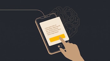 Ilustración de un teléfono con un mensaje emergente, una mano que presiona un botón amarillo y un cerebro de circuitos al fondo.