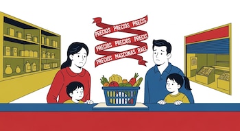 Ilustración plana de una familia mexicana (madre, padre, dos niños) mirando con preocupación una canasta básica flotando sobre una cinta roja con la palabra "PRECIOS".