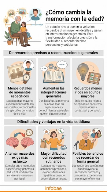 Infografía con ilustraciones de personas, cerebros y relojes junto a textos explicativos sobre los cambios en la memoria durante el envejecimiento.