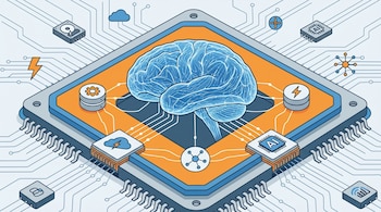 Ilustración de un cerebro digital azul translúcido sobre un microchip, rodeado de circuitos, un disco duro, una nube, rayos, engranajes, símbolos de IA y sensores.