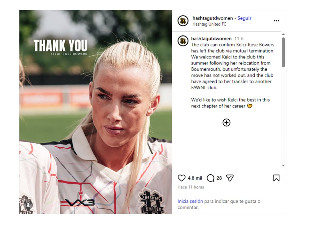 El club Hashtag United confirmó la salida de la futbolista Kelci-Rose Bowers tras acordar la rescisión de su contrato