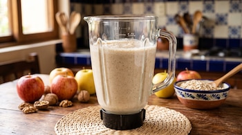 Jarra de licuadora de vidrio con batido claro sobre una mesa de madera con manzanas, nueces enteras y un cuenco con copos de avena.