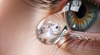 Primer plano de un ojo con una lágrima. Dentro de la lágrima se refleja un laboratorio con equipo científico y una doble hélice de ADN.