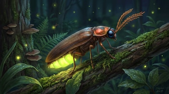 Una luciérnaga de cuerpo marrón y ojos grandes camina sobre una rama cubierta de musgo. Su abdomen emite luz verde. Se ve un bosque oscuro con plantas y pequeñas luces.