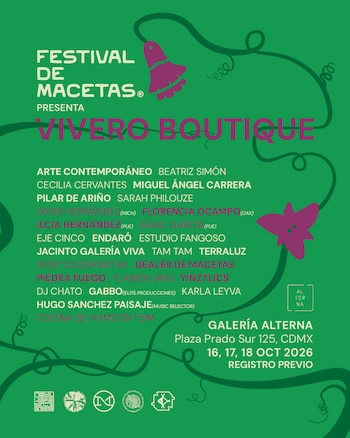 Cartel verde con ilustraciones de guías vegetales, flores moradas, el listado de participantes y la información del evento