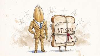 Un grano de trigo en traje de vestir junto a una rebanada de pan de molde con una etiqueta amarrada con la palabra INTEGRAL.