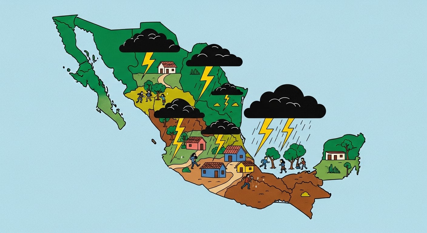 Ilustración del mapa de México mostrando nubes de tormenta con rayos impactando áreas rurales en el Estado de México, Oaxaca, Michoacán y Guerrero, con personas buscando refugio ante las inclemencias del tiempo. (Imagen Ilustrativa Infobae)